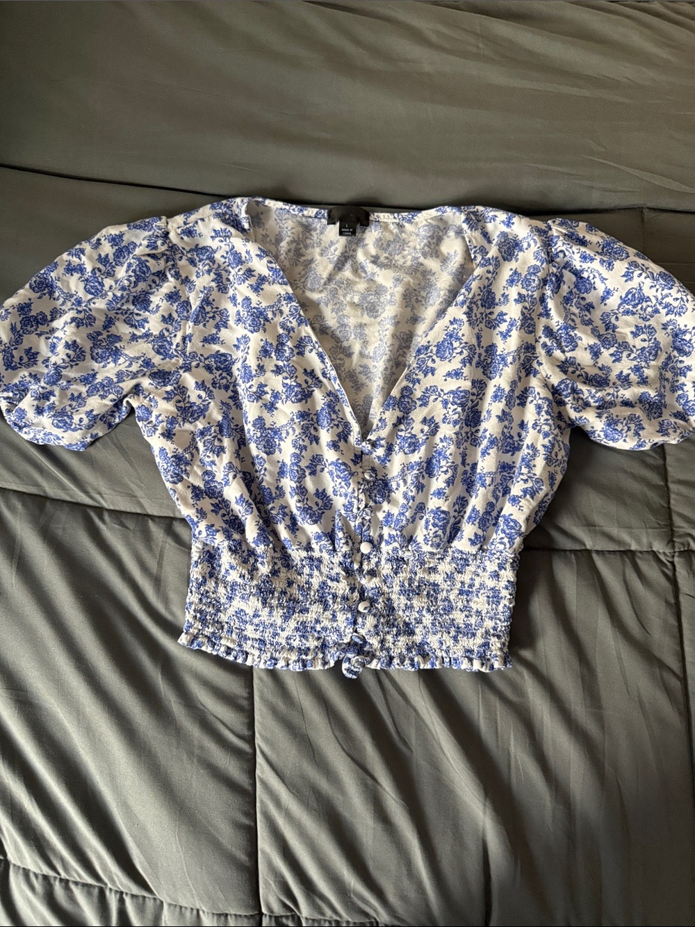 Blue Floral V-Neck Smocked Waist Women’s Crop Top